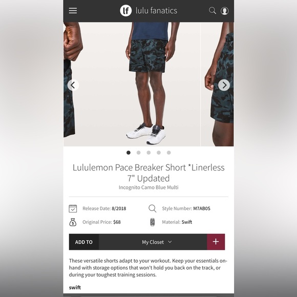 lululemon athletica Men's Pace Breaker Shorts Linerless 7” - Picture 2 of 5